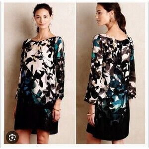 Anthropologie Maeve Tunic Dress S Petite Abstract Floral Print 3/4 Sleeve Boho